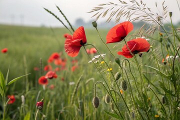Red poppies field blooming in spring. Closeup view