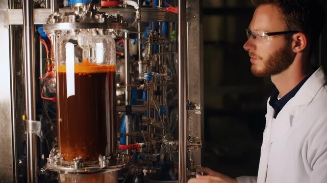 Engineer monitors chemical reactions in bioreactor developing new compostable materials aimed at replacing conventional plastics in various industrial applications.