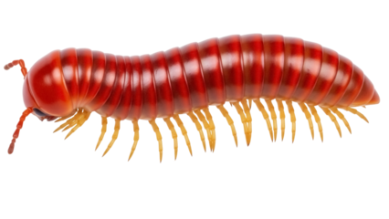 Red millipede PNG isolated on transparent background, arthropod with many legs for biology and educational use, invertebrate