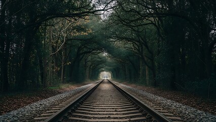 Fototapeta premium Train tracks through forest tunnel