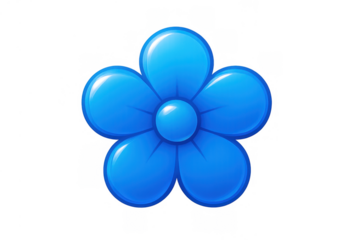 Blue cartoon flower icon with glossy petals, abstract floral symbol for spring and nature, transparent background