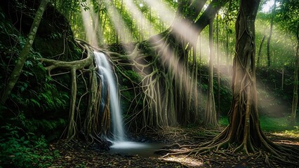 Serene forest waterfall with sunlight