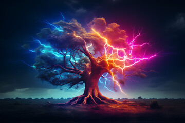 Dramatic tree with lightning strikes and dark clouds