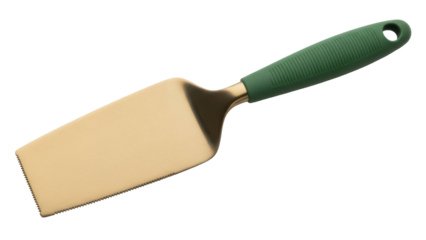 Gold cake server isolated PNG on transparent background, serrated edge spatula for serving desserts and pastries at parties