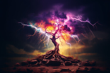 Dramatic tree with lightning strikes and dark clouds