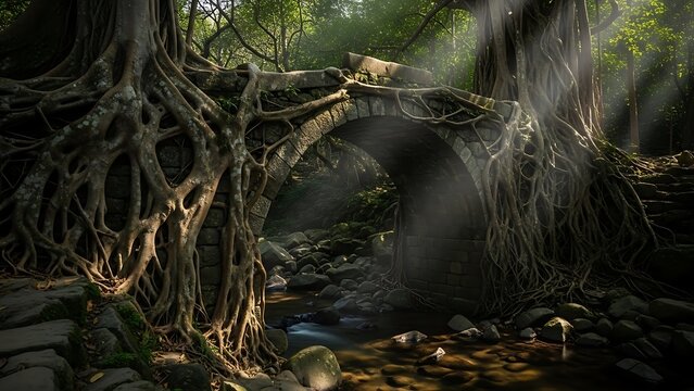 Ancient tree root bridge in forest