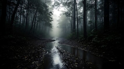 Fototapeta premium Mystical forest path with fog