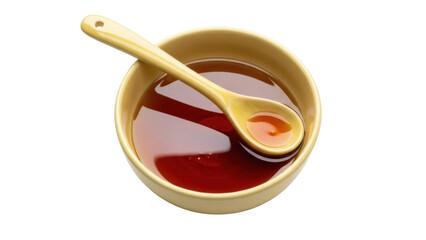 Bowl of honey with a spoon isolated PNG, golden liquid in a ceramic bowl on transparent background, sweet food ingredient for cooking