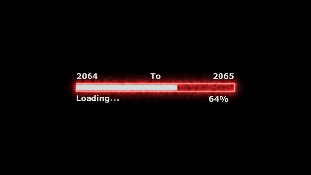 Loading 100 percent complete progress bar digital interface technology modern design white color 4k illustration. New year 2064 to 2065 loading bar. Neon bright rectangle frame black background.