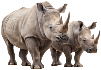 Majestic, powerfully built adult and juvenile rhinoceroses with thick, textured grey skin and prominent horns are depicted standing closely together in a natural, isolated on transparent background.