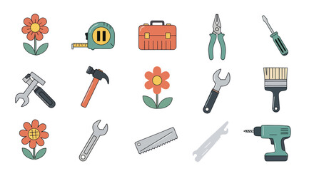 Obraz premium Set of various tools and flowers in flat vector style