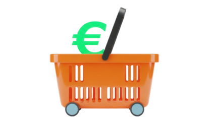 Orange shopping basket with green euro sign isolated PNG, online shopping and e-commerce concept on transparent background