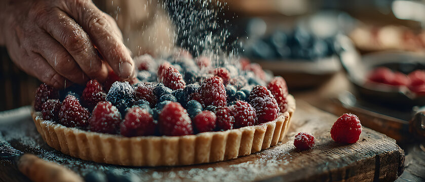 The Raspberry Tart Chef Arranging Fresh Berries on Homemade Pastry in Rustic Kitchen - Powered by Adobe