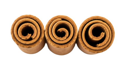 Three cinnamon sticks isolated on transparent background PNG, aromatic spice for cooking and baking, culinary ingredient for desserts and hot drinks