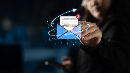 Concept of digital communication and correspondence. Receiving a new message or notification in an email inbox, representing online information exchange and alerts. Fermion