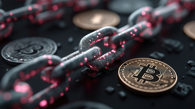 Futuristic digital scene featuring cryptocurrency symbols like bitcoin and ethereum with blockchain
