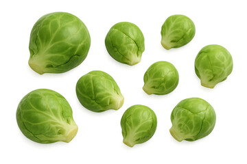 Fototapeta premium Fresh green brussels sprouts scattered on transparent background, perfect for healthy eating and cooking concepts