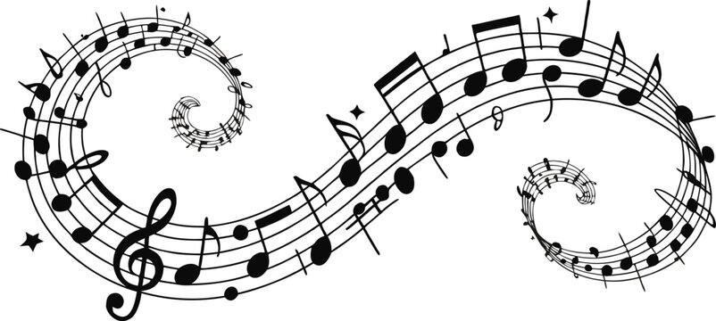 An elegant black and white illustration depicts musical notes swirling in a decorative flowing pattern resembling an abstract melody