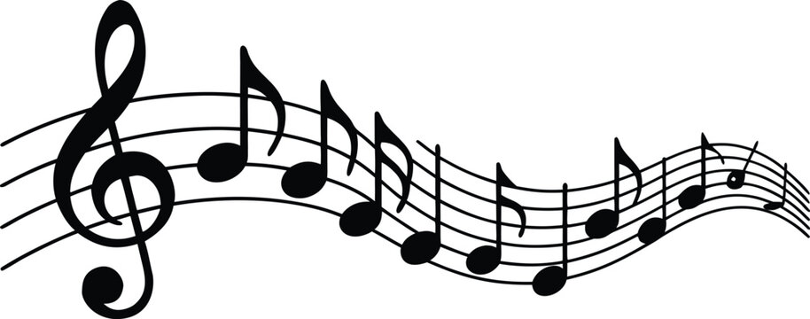 a simple illustration of musical notes and a treble clef artistically arranged on a flowing staff line depicts melody
