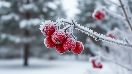 Frozen berries on branch in winter snow