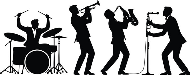 a silhouetted jazz band performs with a drummer trumpet player saxophonist and vocalist on stage creating dynamic music © Sadhin07