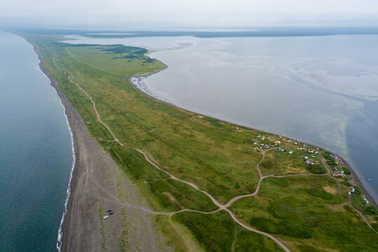 Aerial view of the sand spit dividing the waters of Aniva Bay and Busse Lagoon on Sakhalin Island.