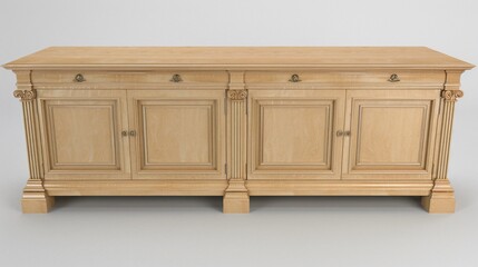 Light-wood, classical sideboard with four doors, drawers, and decorative pillars on a clean backdrop