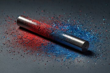 Bar magnet with red and blue poles attracting iron particles creating a vibrant display of magnetic force in a dark setting