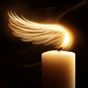 White candle burning with light shaped like a feather wing high resolution image