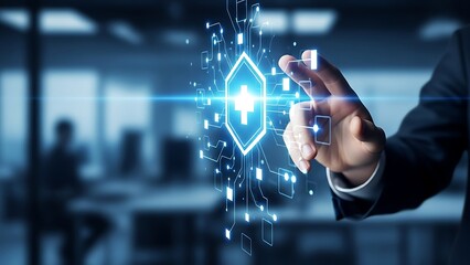 Person interacting with a futuristic holographic display in a modern office environment