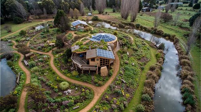 Wide aerial drone shot of an established permaculture homestead with food forest, contour swales, natural pond, cob house with living roof and solar panels, symbolizing sustainable living.
