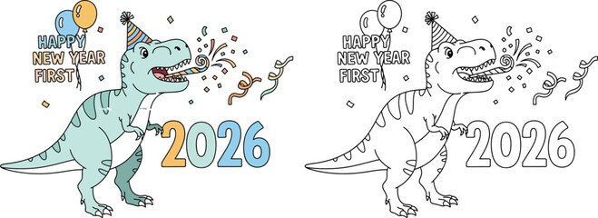 Happy New Year 2026 Dinosaur Party T-Rex Celebration Cartoon