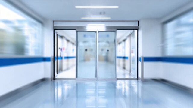 Modern Hospital Corridor: A sleek, modern hospital corridor with automatic doors creating a sense of sterile efficiency and calm. Soft lighting enhances the clean lines.