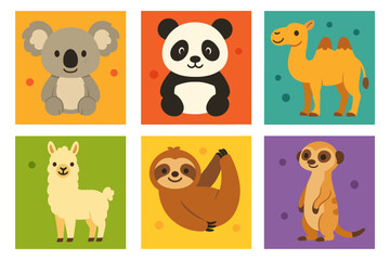 Fototapeta premium Cute cartoon animals collection: koala, panda, camel, llama, sloth, meerkat in colorful squares