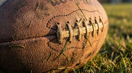 The image depicts an aged football resting on a grass field