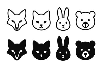 Simple animal faces: black and white line and solid icons
