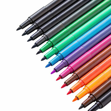 Vibrant, neatly arranged collection of felt-tip pens with sleek plastic barrels and fine-point nibs, displayed in a rainbow gradient against a neutral gray, isolated on transparent background.