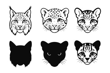 Wild cat faces: lynx, leopard, panther, and more - black and white silhouettes