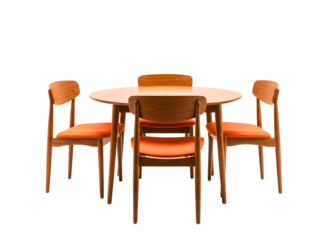 Mid century modern dining set with orange cushions isolated on transparent background