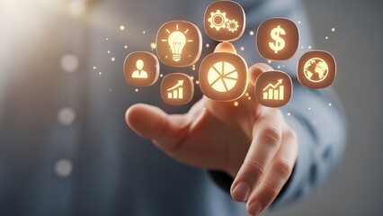 Hand touching digital icons for business strategy.