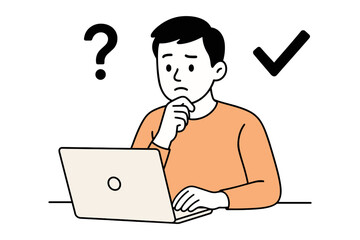 Confused person at laptop with question mark and check symbol in minimalist line art