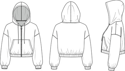 Technical hoodie jacket vector illustration front back side views apparel fashion design template isolated line art for manufacturing mockup production sewing pattern concept blueprint