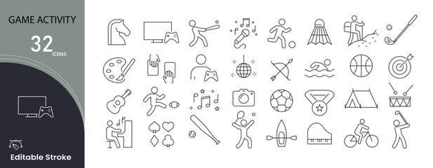 Game activity icons set. Includes icons for gaming actions, play, competition, strategy, rewards, levels, and interactive activities. Ideal for mobile games , apps and  e-sports visuals. Editable stro © Icon Fusion 