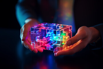 Businessman and connected puzzle pieces 3d rendering elements