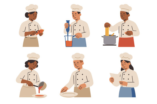 Diverse chefs cooking in kitchen: teamwork and culinary skills in flat design - Powered by Adobe