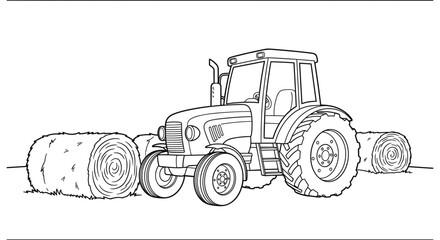 Detailed outline of a farm tractor with hay bales in a field scene