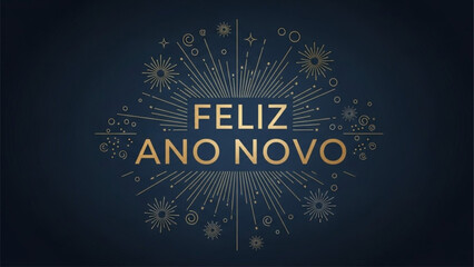 Feliz Ano Novo gold lettering on dark blue background with fireworks