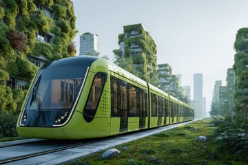 Obraz premium Ecofriendly solar-powered tram travels through a green urban landscape surrounded by lush, vertical gardens and modern architecture