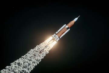 Spacecraft launching into space from ground at high speed with fire and smoke