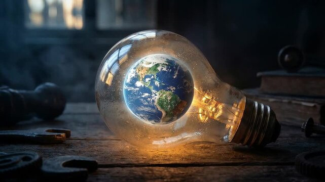 Conceptual scene with planet earth glowing inside an incandescent light bulb resting on a rustic wooden workbench, symbolizing energy consumption, global power, and sustainable innovation